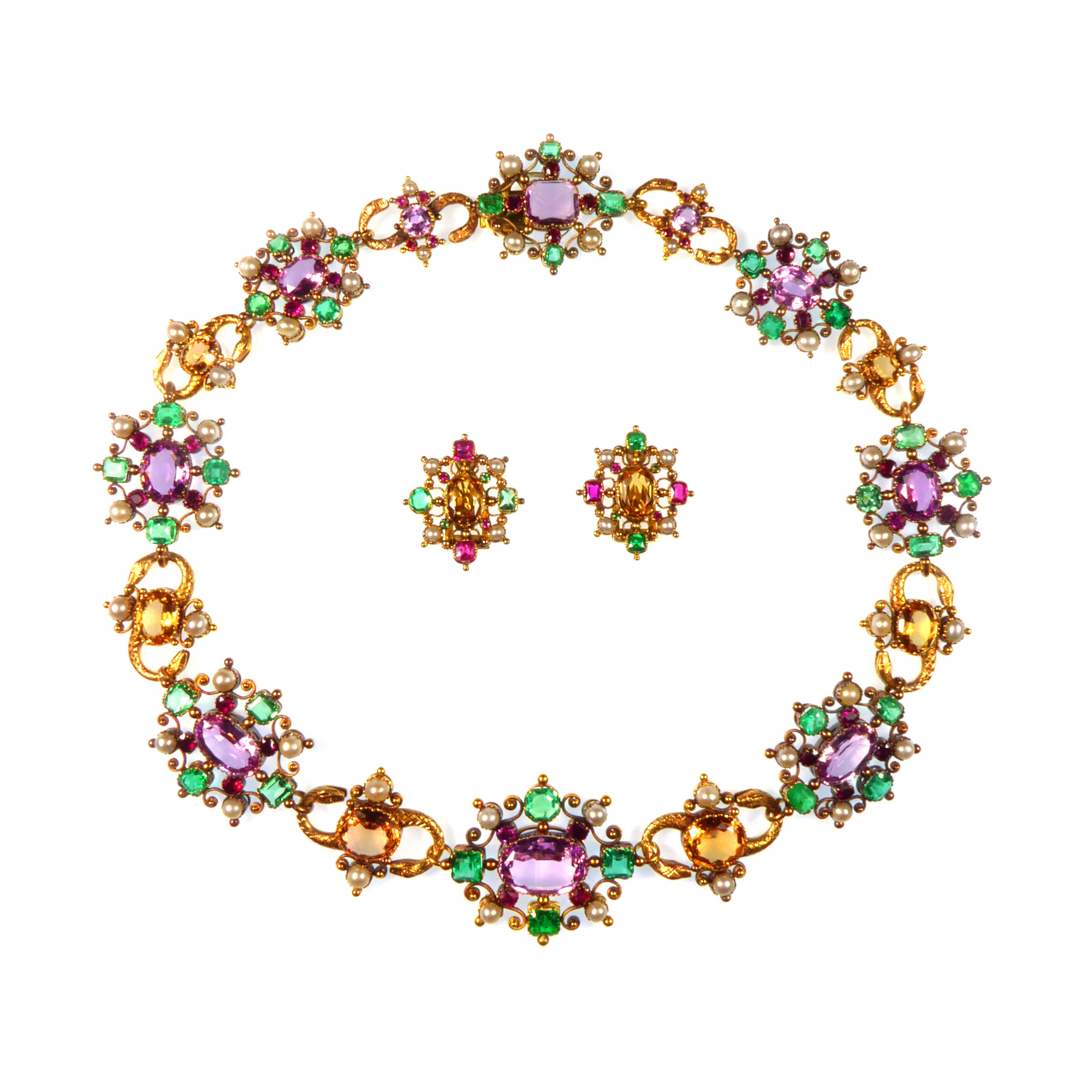 19th century renaissance revival topaz, ruby, emerald and pearl set gold necklace and matched pair of earrings, c.1870,